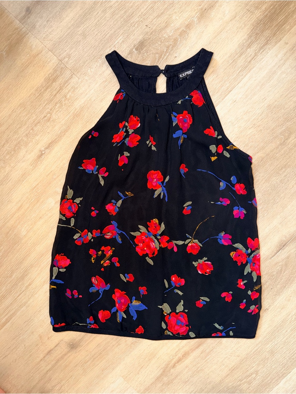 Express Black Floral Halter Tank Top Women's XS Sleeveless Blouse